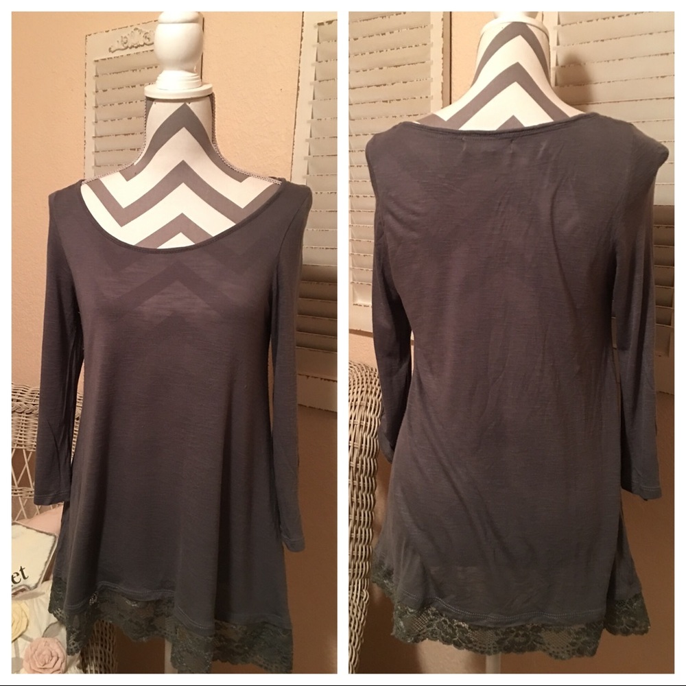 Long Sleeve Grey Top With Lace Detail
